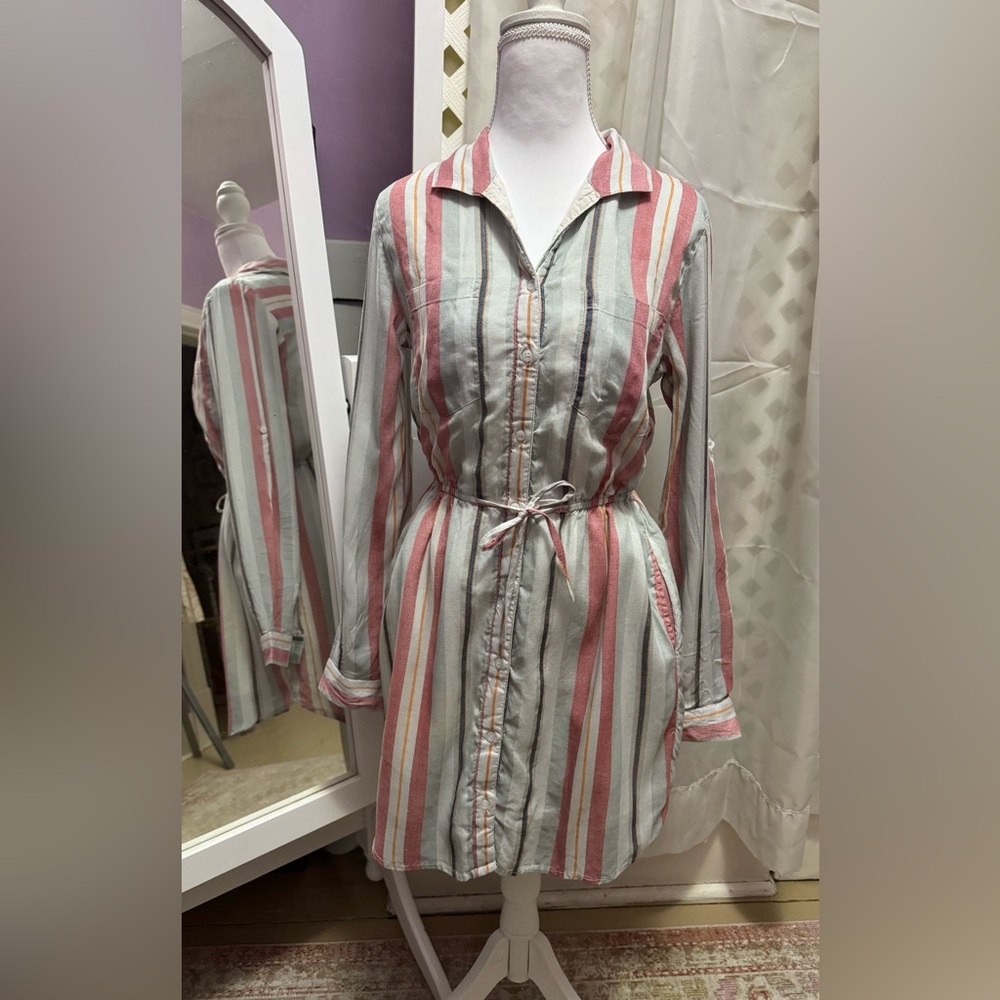 Japna Striped Long-Sleeve Tie-Waist Shirt Dress in Pink, Cream, and Gray